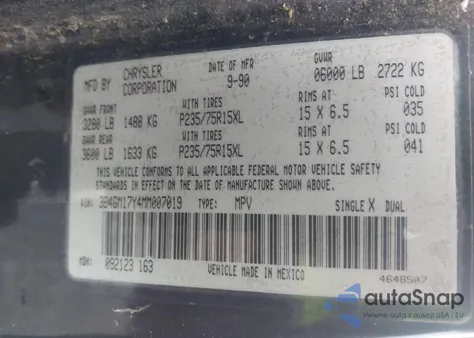 1991 Dodge Ramcharger Aw-150 from USA, damaged, VIN 3B4GM17Y4MM007019